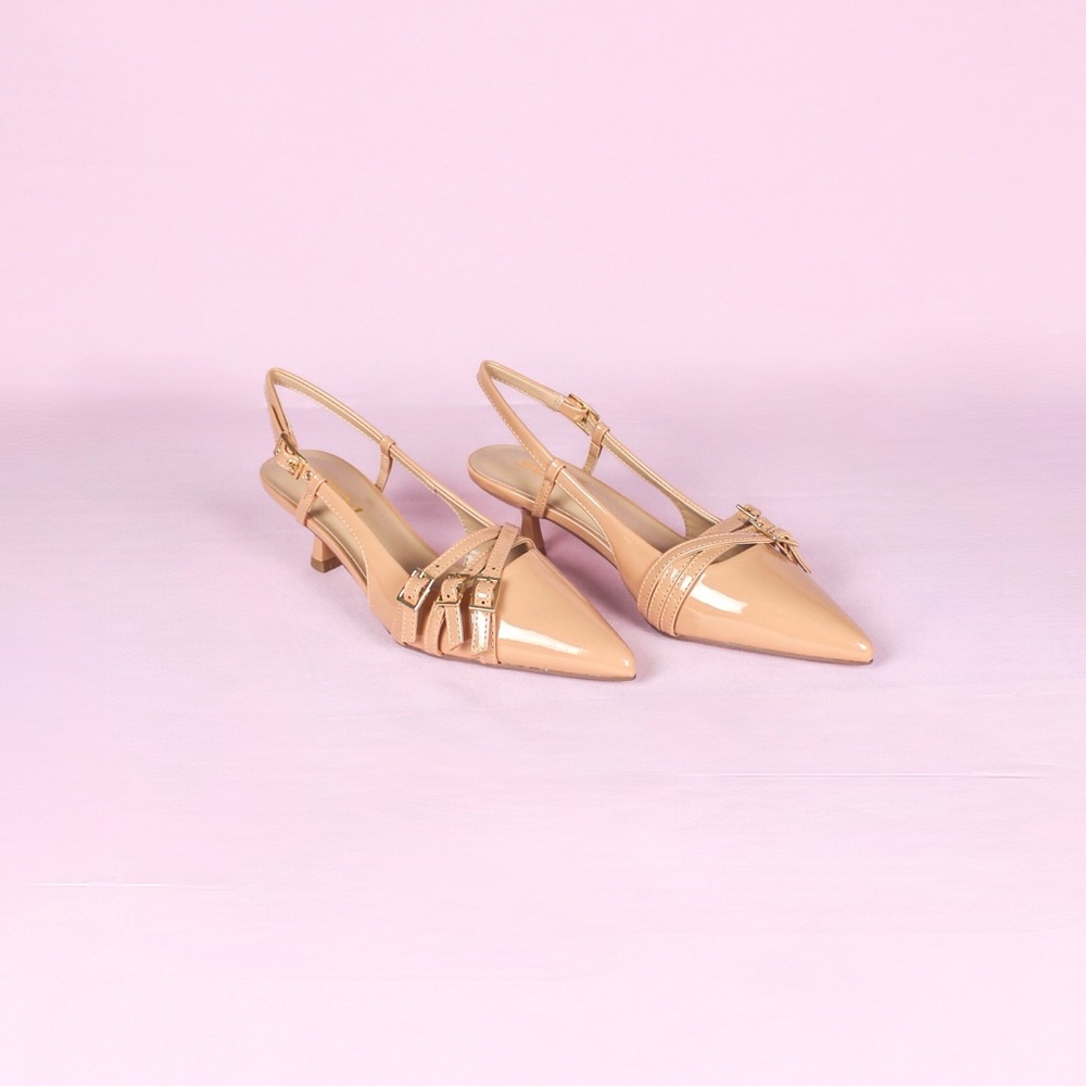 Camel Tan Patent Slingback kitten Heels - Picture 3 of 4